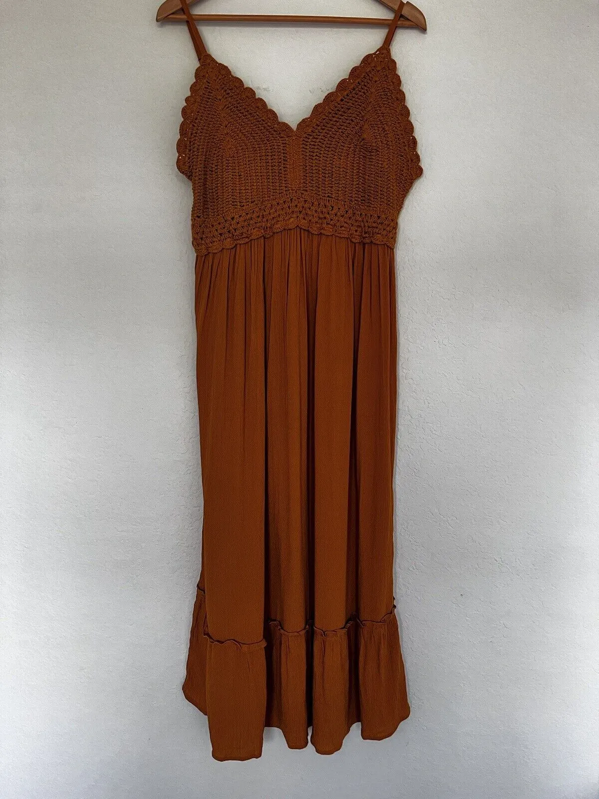 HINT OF BLUSH Crochet Boho Midi Dress Sz XL Rust Color Sleeveless 100% Rayon