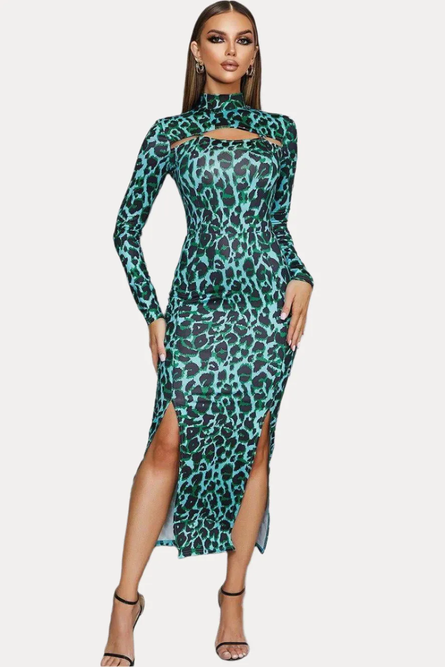 Hollow Leopard Print Thin Body-fitting Long Bandage Dress