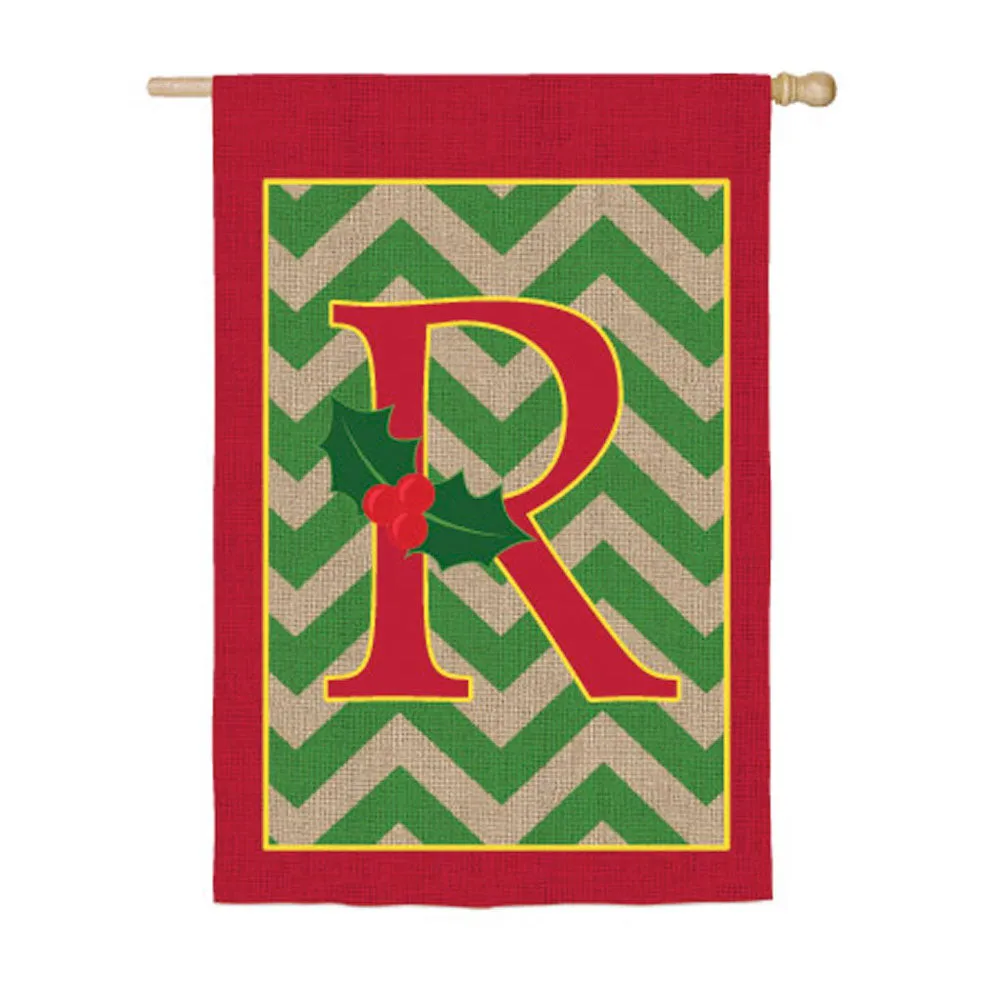 House Burlap Holly Monogram R Flag,13b3077r