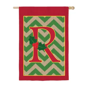 House Burlap Holly Monogram R Flag,13b3077r