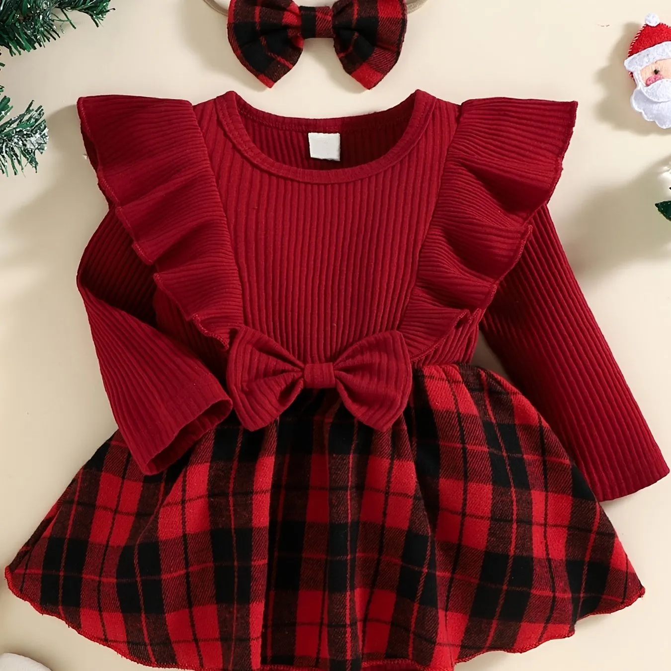 Infant Ruffled Plaid Dress Splicing Romper Long Sleeve Red Bodysuit Onesies & Bow Headband Set