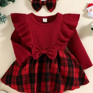Infant Ruffled Plaid Dress Splicing Romper Long Sleeve Red Bodysuit Onesies & Bow Headband Set