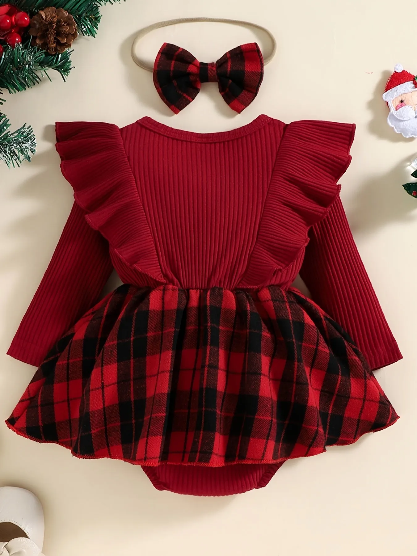 Infant Ruffled Plaid Dress Splicing Romper Long Sleeve Red Bodysuit Onesies & Bow Headband Set