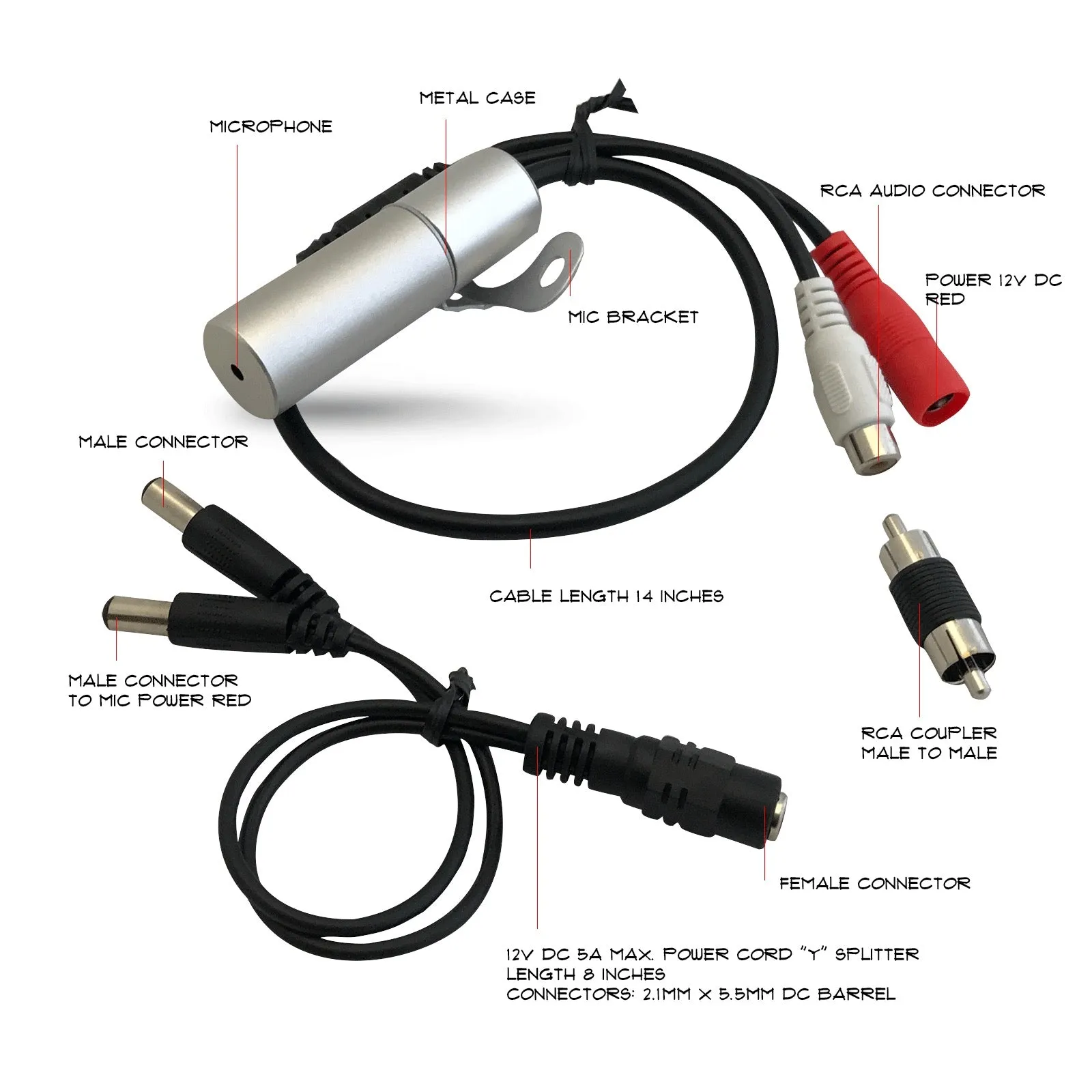 IP66 Water Proof CCTV Microphone Solid Metal housing 6-12V DC input RCA Phono Output