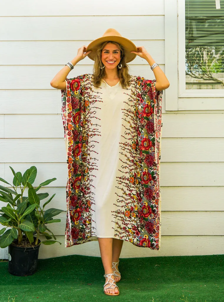 Ivory Floral Blossom Kimono Kaftan Dress