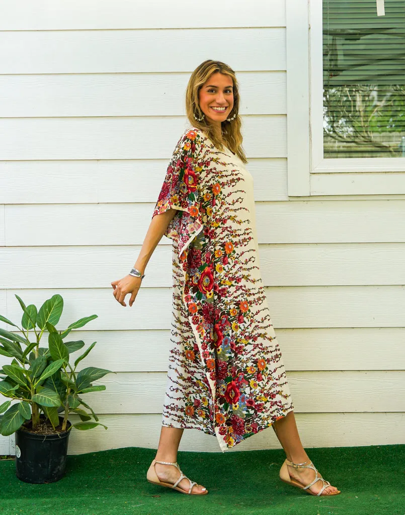 Ivory Floral Blossom Kimono Kaftan Dress