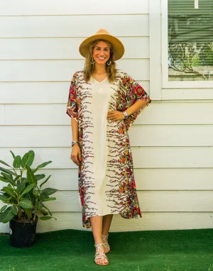Ivory Floral Blossom Kimono Kaftan Dress