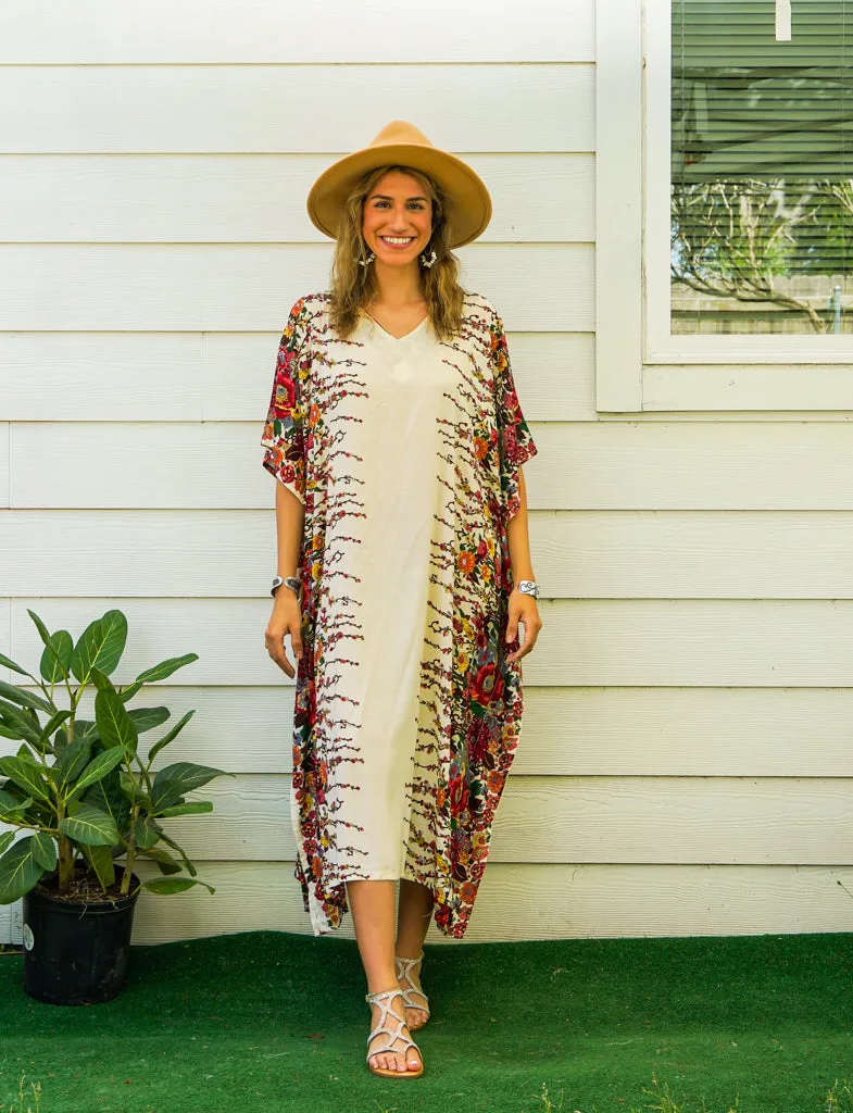 Ivory Floral Blossom Kimono Kaftan Dress