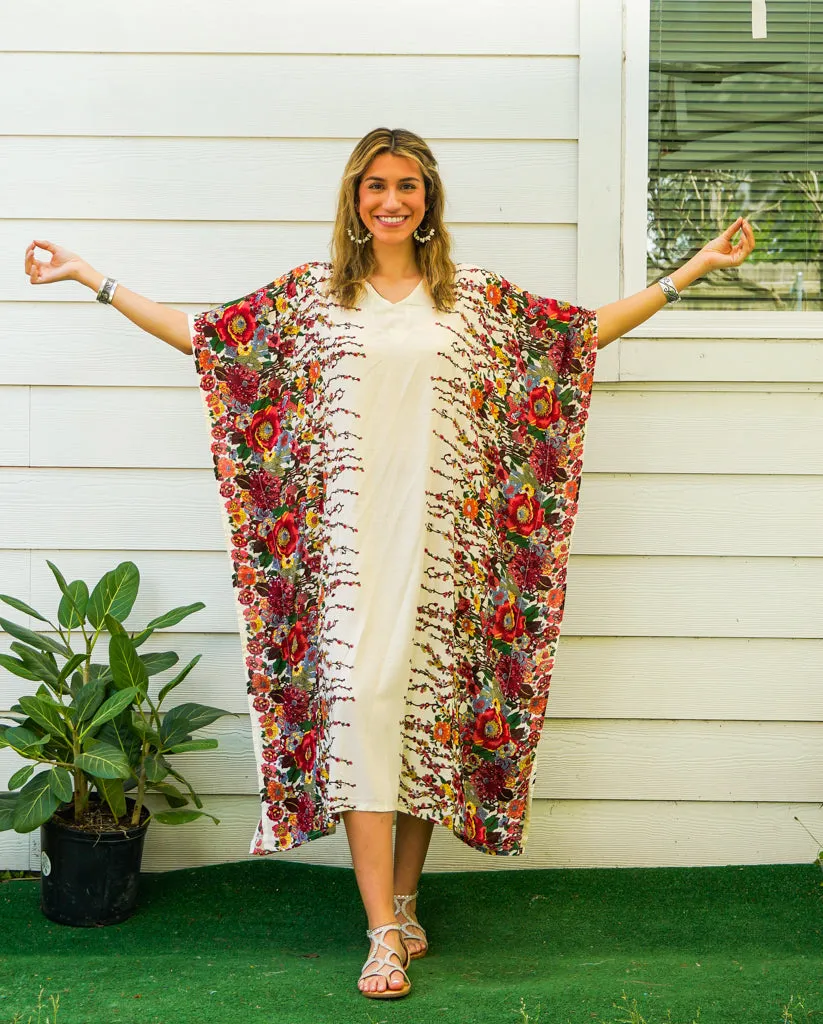 Ivory Floral Blossom Kimono Kaftan Dress