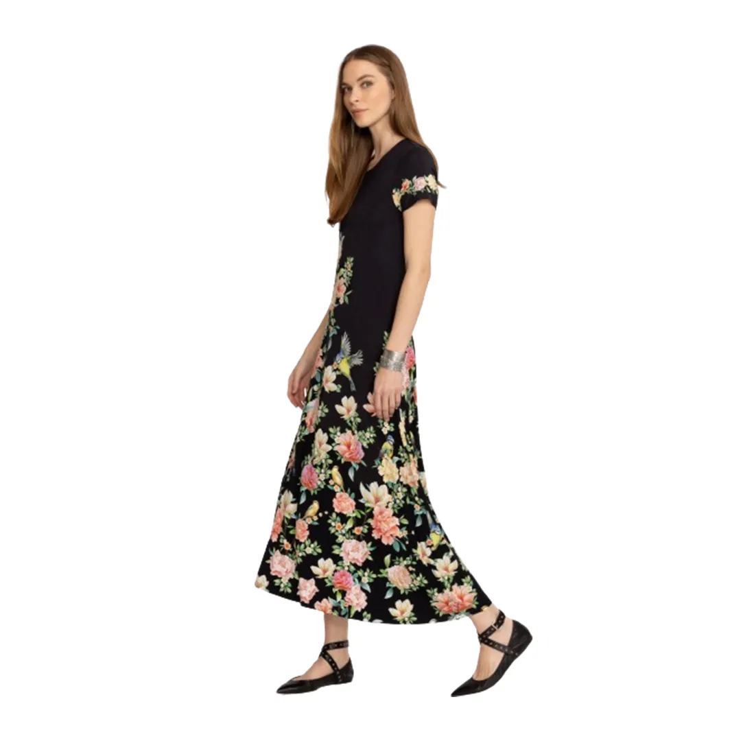 Johnny Was Janie Favorite Birdie Cap Dress Black Flowers Maxi Crew Floral NEW