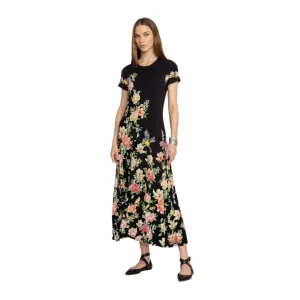 Johnny Was Janie Favorite Birdie Cap Dress Black Flowers Maxi Crew Floral NEW