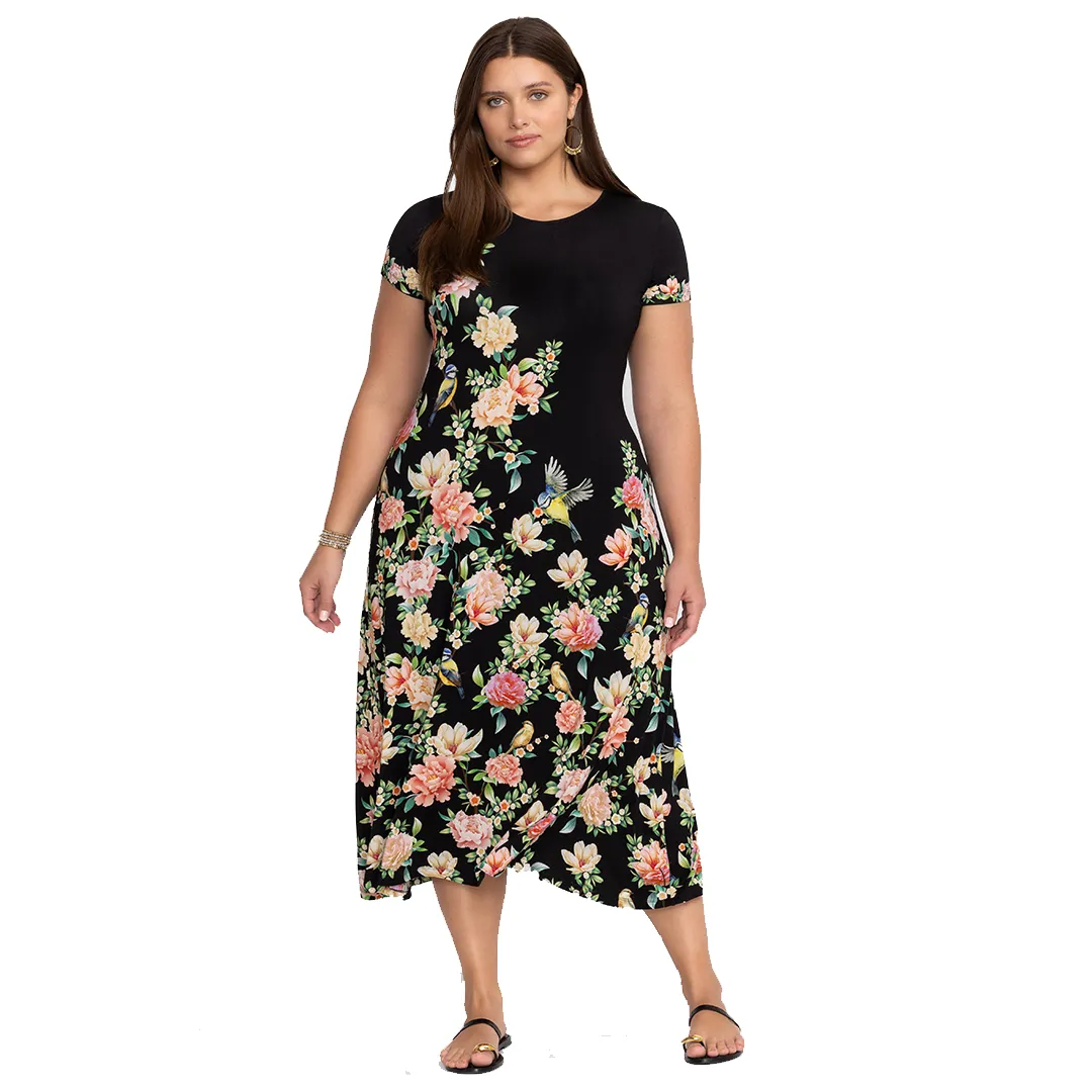 Johnny Was Janie Favorite Birdie Cap Dress Black Flowers Maxi Crew Floral NEW