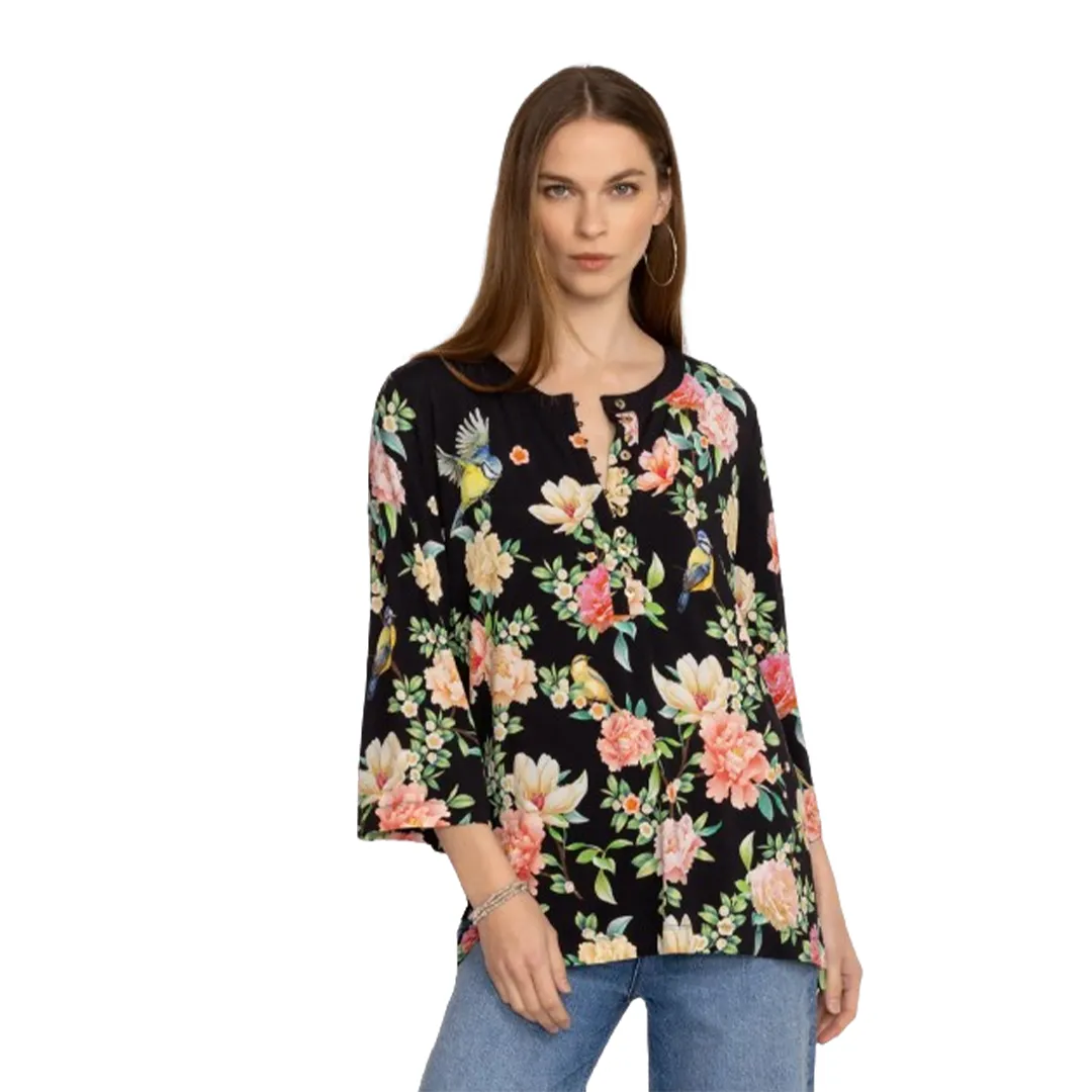 Johnny Was Janie Favorite Birdie Cap Dress Black Flowers Maxi Crew Floral NEW