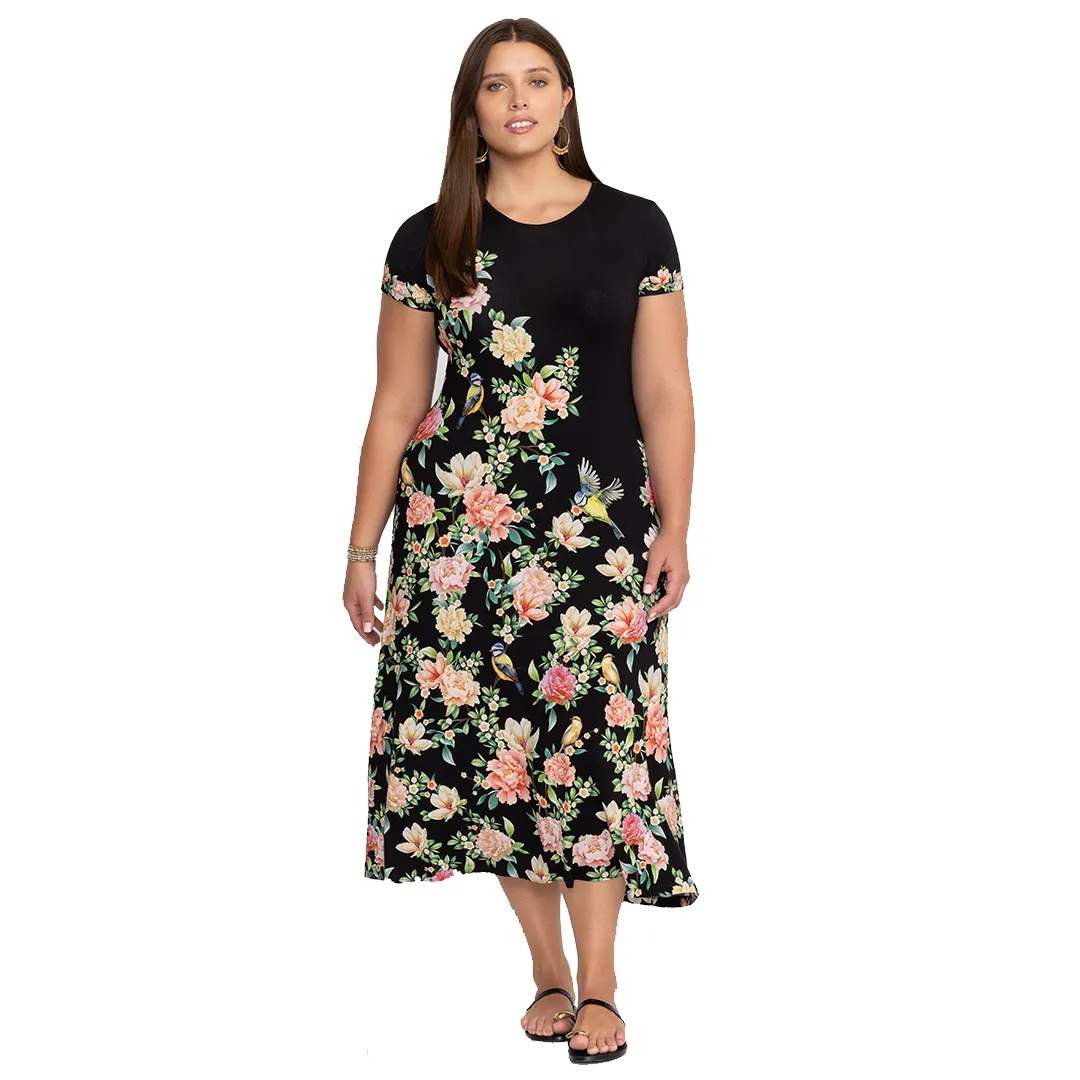 Johnny Was Janie Favorite Birdie Cap Dress Black Flowers Maxi Crew Floral NEW
