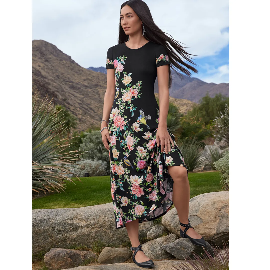 Johnny Was Janie Favorite Birdie Cap Dress Black Flowers Maxi Crew Floral NEW