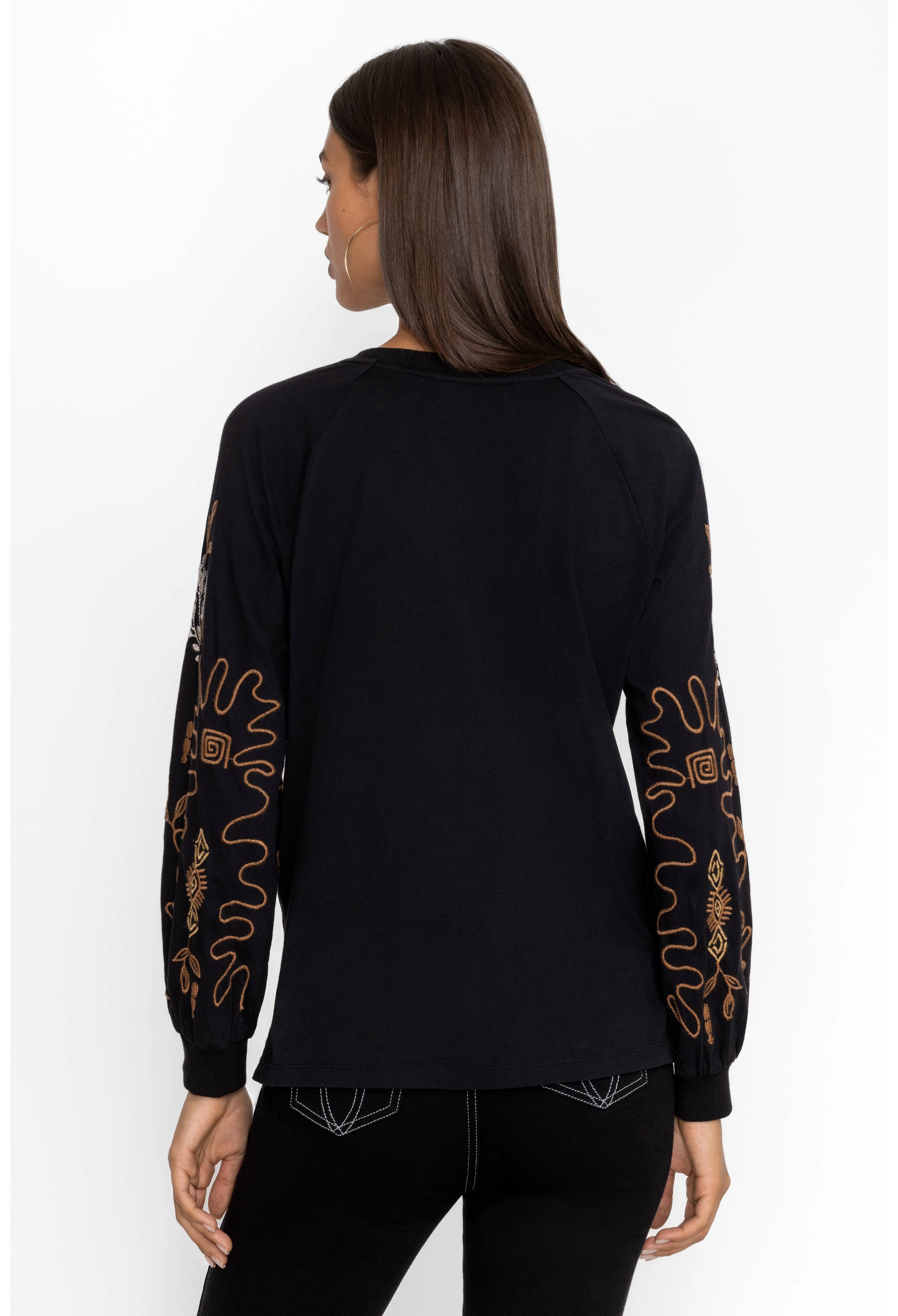 Johnny Was Raglan Bishop Long Floral Embroidered Tee Black Shirt Top Large NEW
