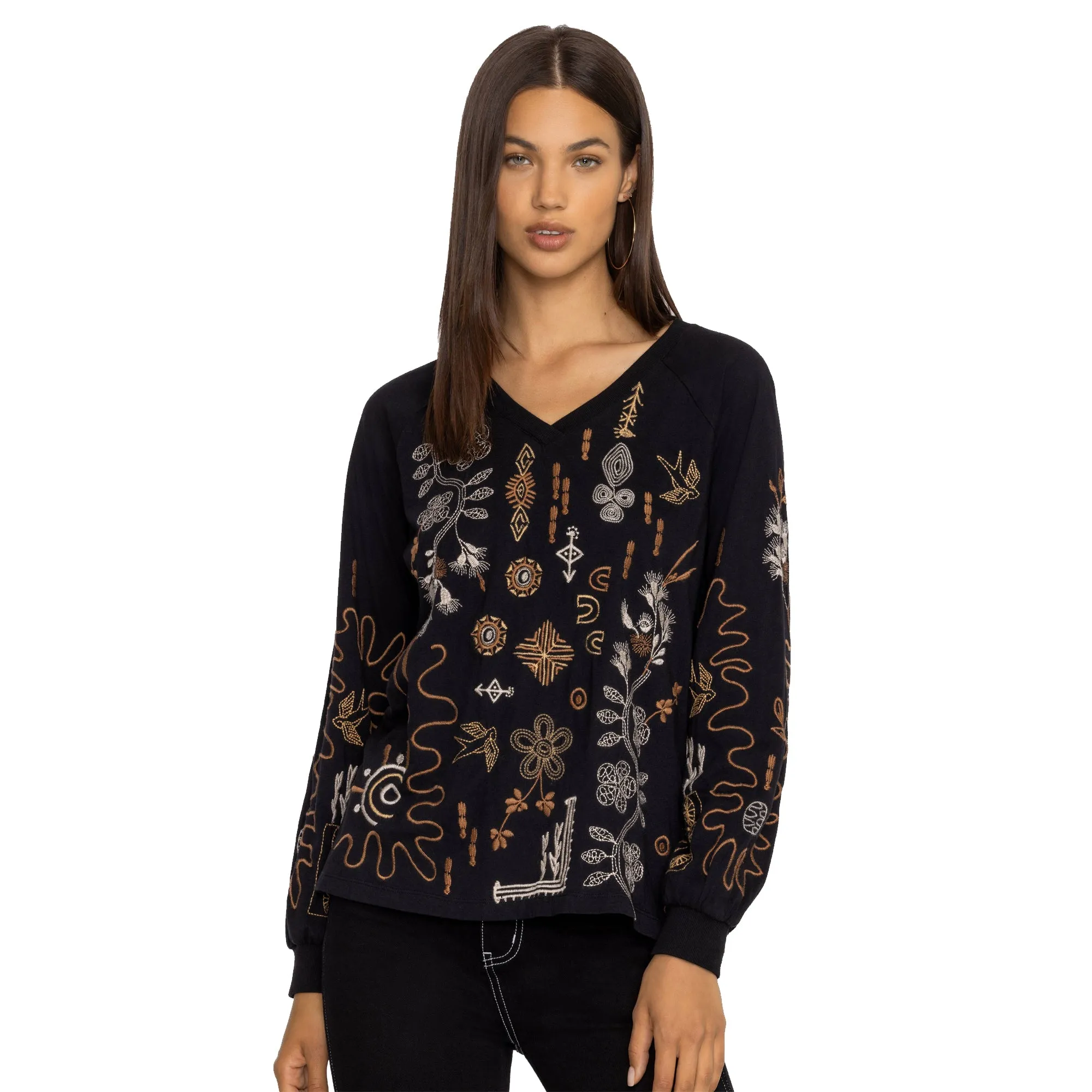 Johnny Was Raglan Bishop Long Floral Embroidered Tee Black Shirt Top Large NEW
