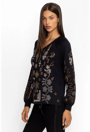 Johnny Was Raglan Bishop Long Floral Embroidered Tee Black Shirt Top Large NEW