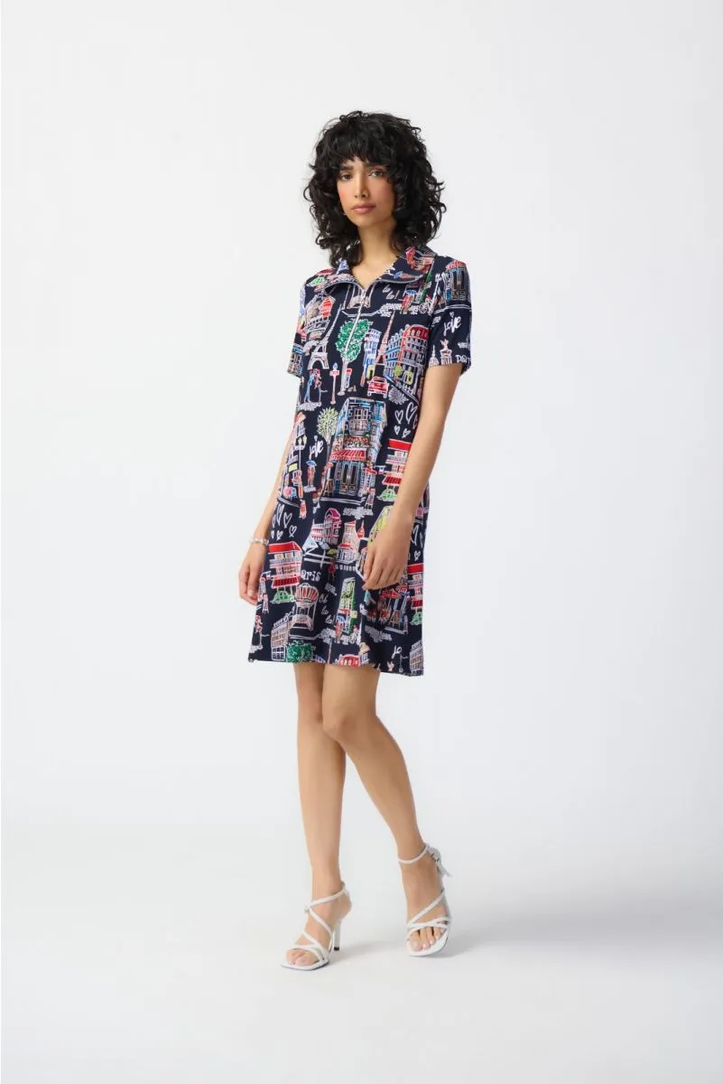 Joseph Ribkoff Midnight Blue/Multi Paris Print Zip Front Trapeze Dress 241209