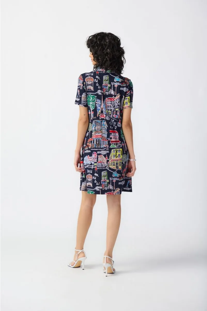 Joseph Ribkoff Midnight Blue/Multi Paris Print Zip Front Trapeze Dress 241209