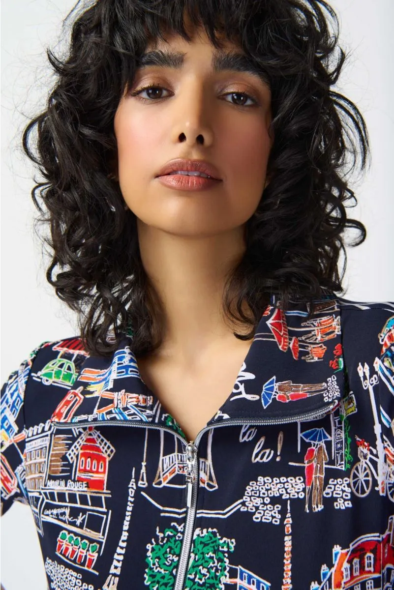 Joseph Ribkoff Midnight Blue/Multi Paris Print Zip Front Trapeze Dress 241209