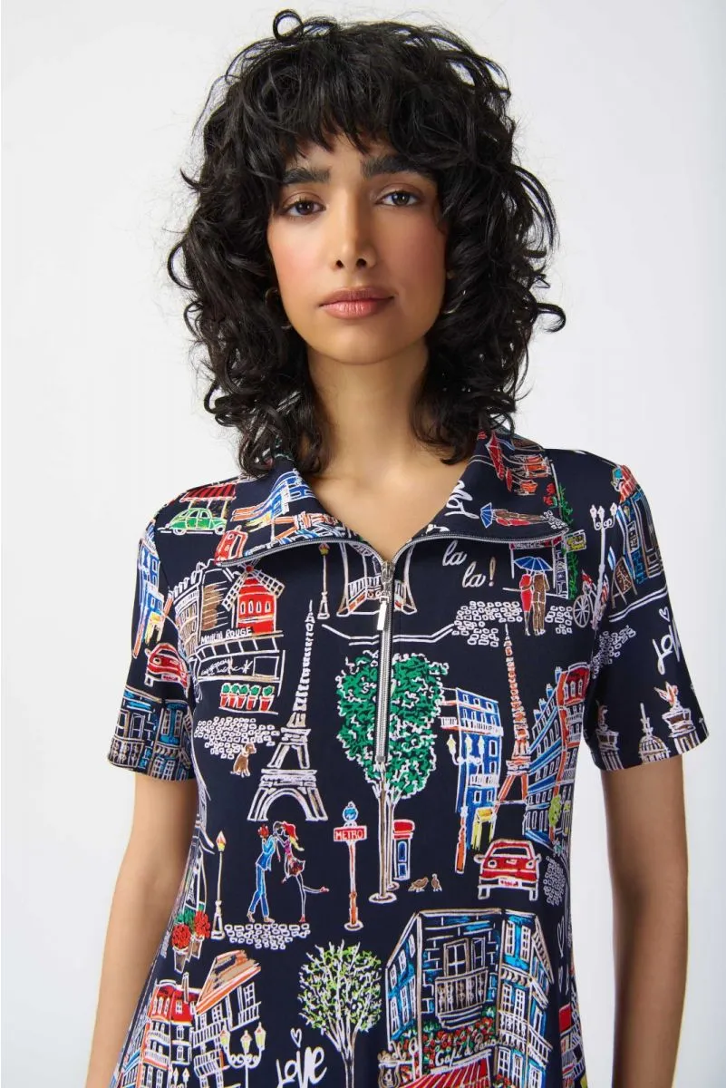 Joseph Ribkoff Midnight Blue/Multi Paris Print Zip Front Trapeze Dress 241209