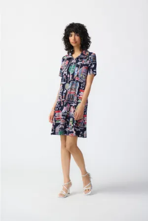 Joseph Ribkoff Midnight Blue/Multi Paris Print Zip Front Trapeze Dress 241209