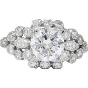 Late Art Deco 1.69 CTW Diamond Platinum Cluster Engagement Ring GIA
