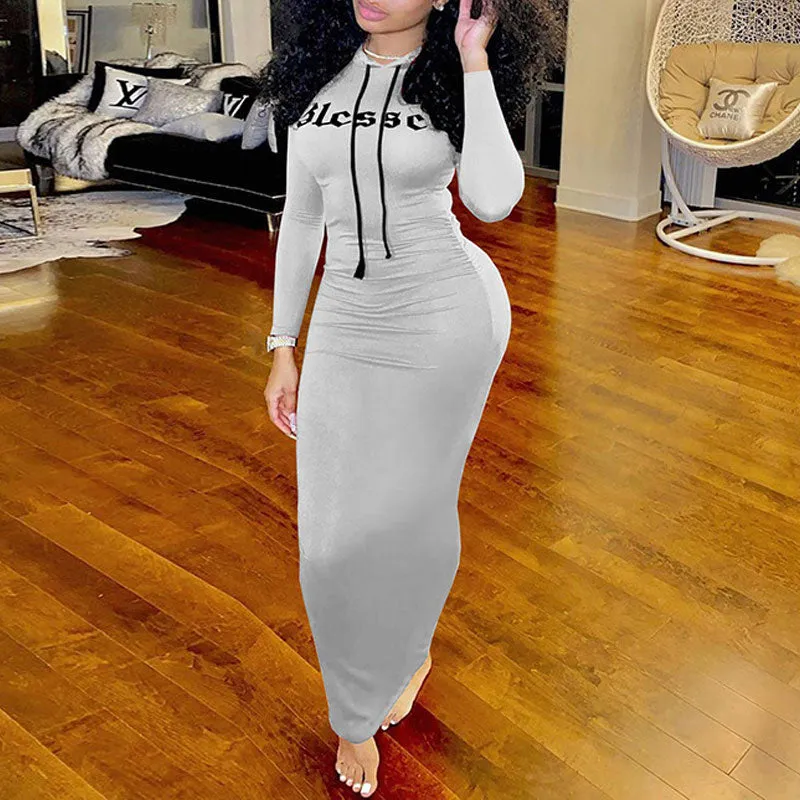 Letter Print Long Sleeve Hoodie Maxi Dress