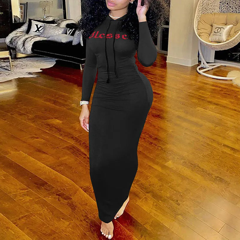 Letter Print Long Sleeve Hoodie Maxi Dress