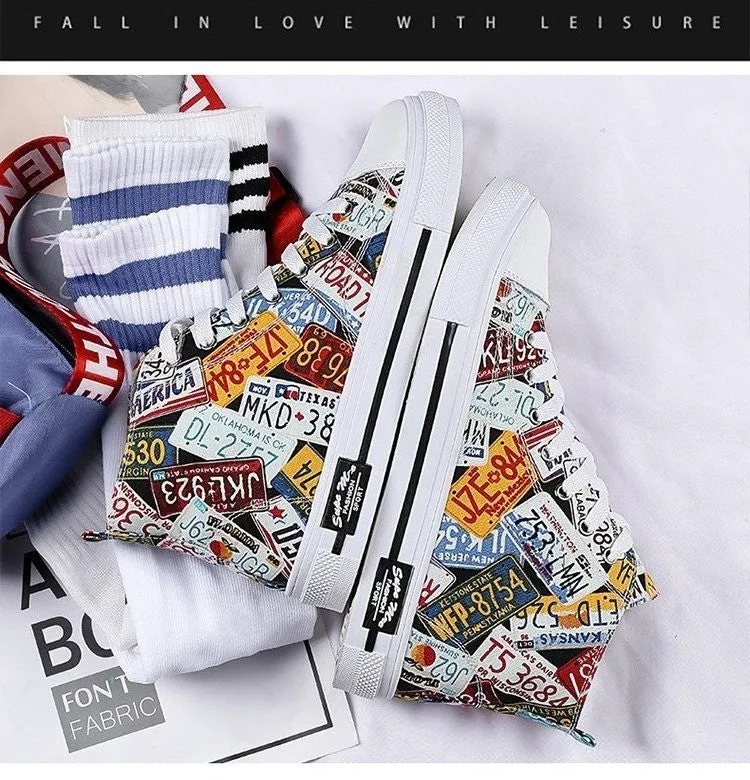 License Plate Graffiti Skateboard Shoes for Men and Women