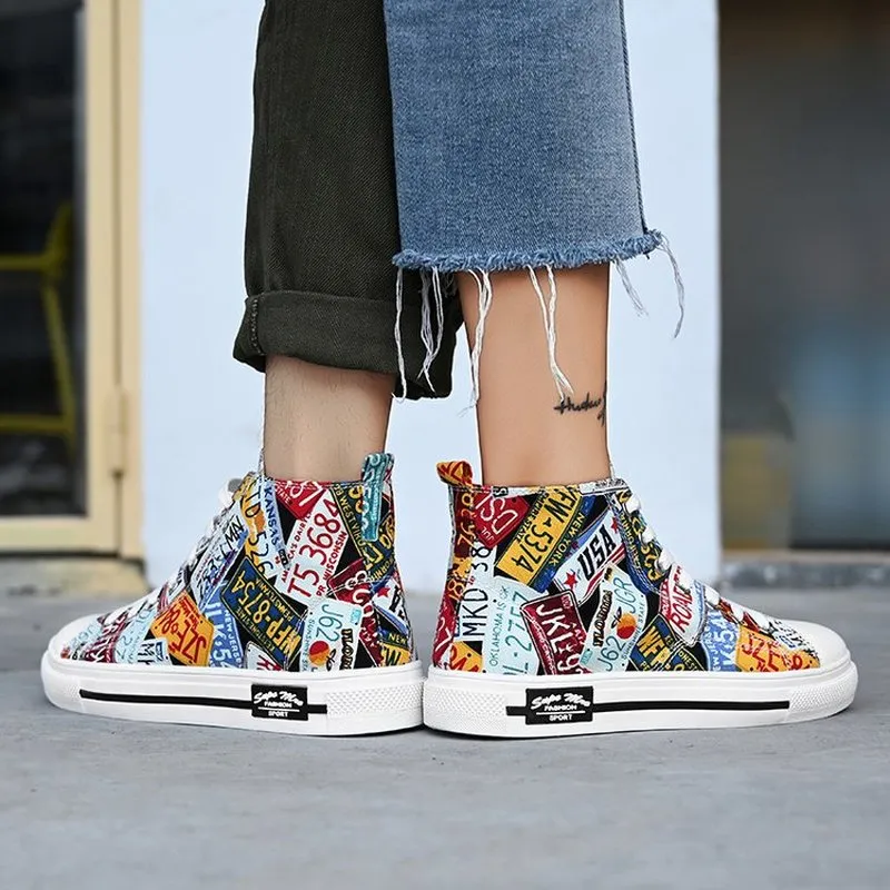 License Plate Graffiti Skateboard Shoes for Men and Women