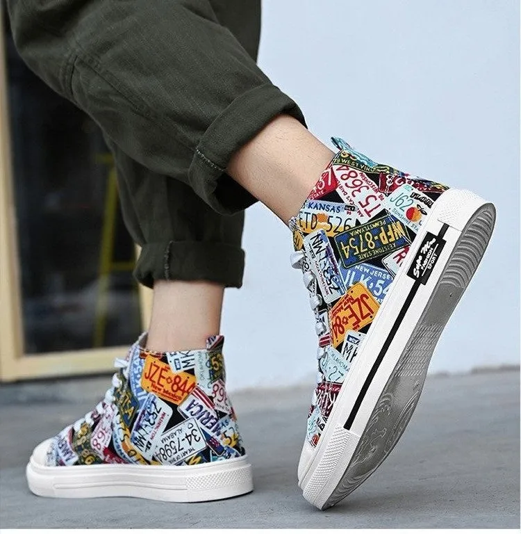 License Plate Graffiti Skateboard Shoes for Men and Women