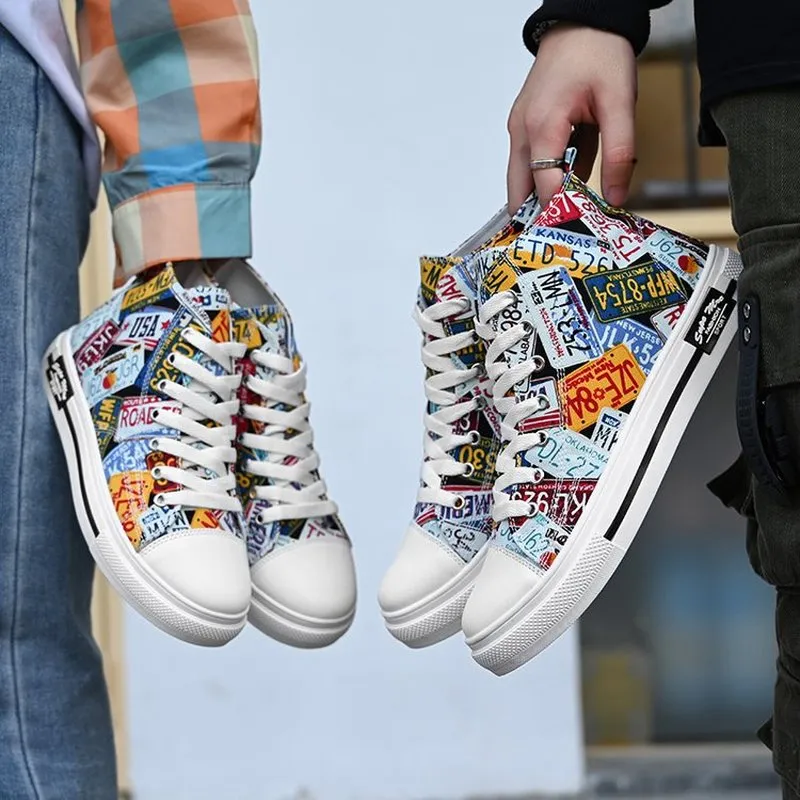 License Plate Graffiti Skateboard Shoes for Men and Women