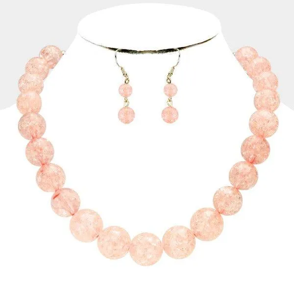 Light Orange Cracked Lucite Bead Ball Necklace & Earring Set