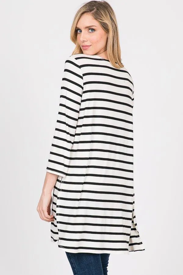 Lightweight White & Black Striped Cardigan with Side Slits