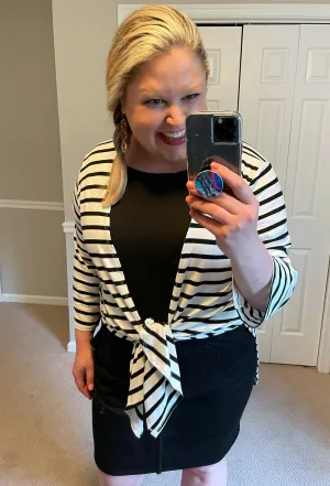 Lightweight White & Black Striped Cardigan with Side Slits