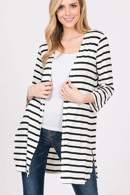 Lightweight White & Black Striped Cardigan with Side Slits