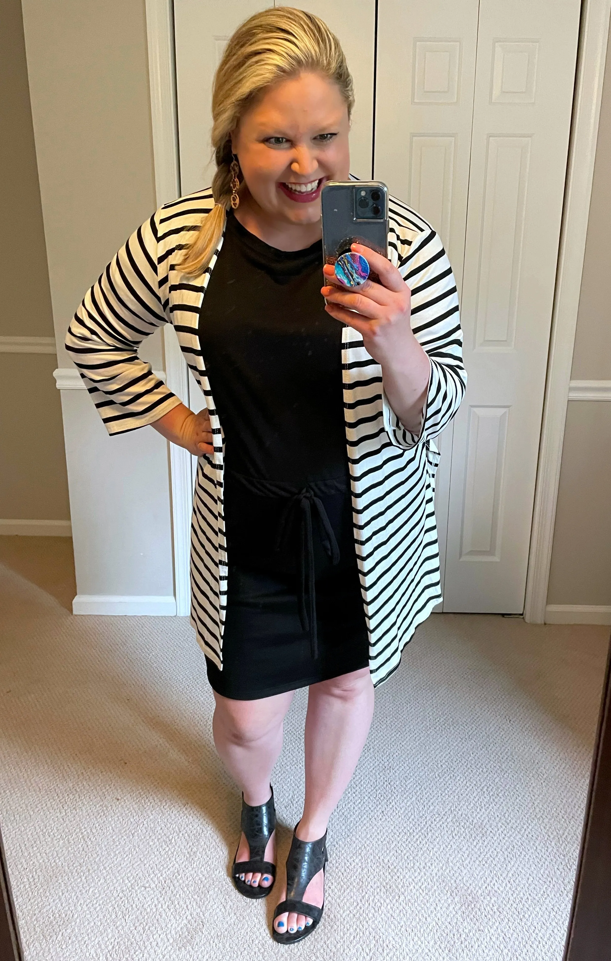 Lightweight White & Black Striped Cardigan with Side Slits