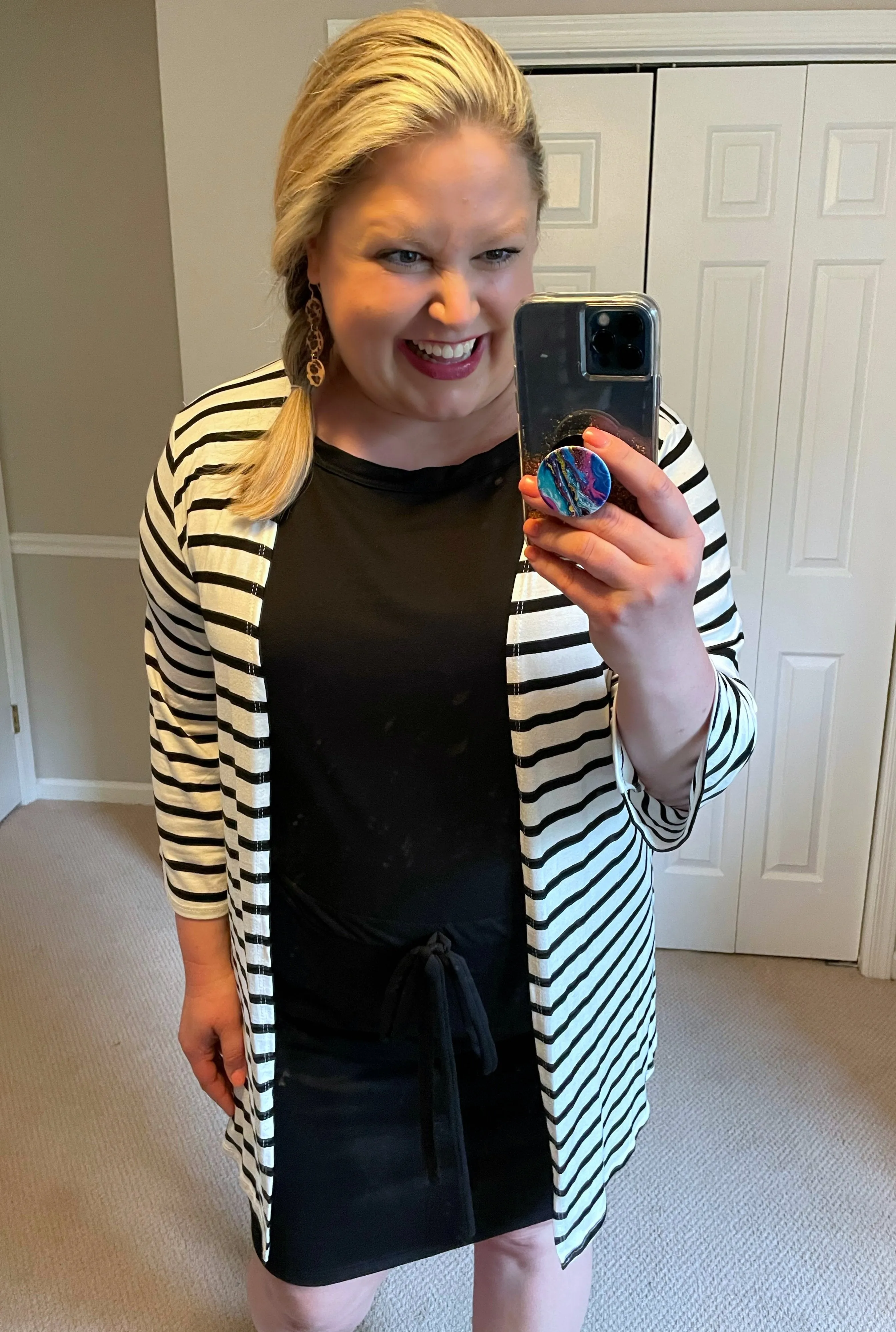 Lightweight White & Black Striped Cardigan with Side Slits