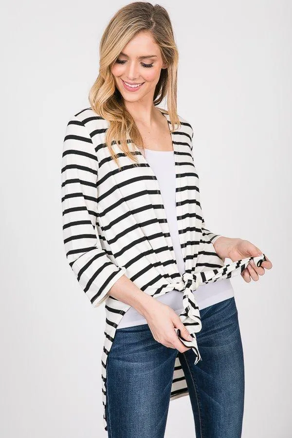 Lightweight White & Black Striped Cardigan with Side Slits