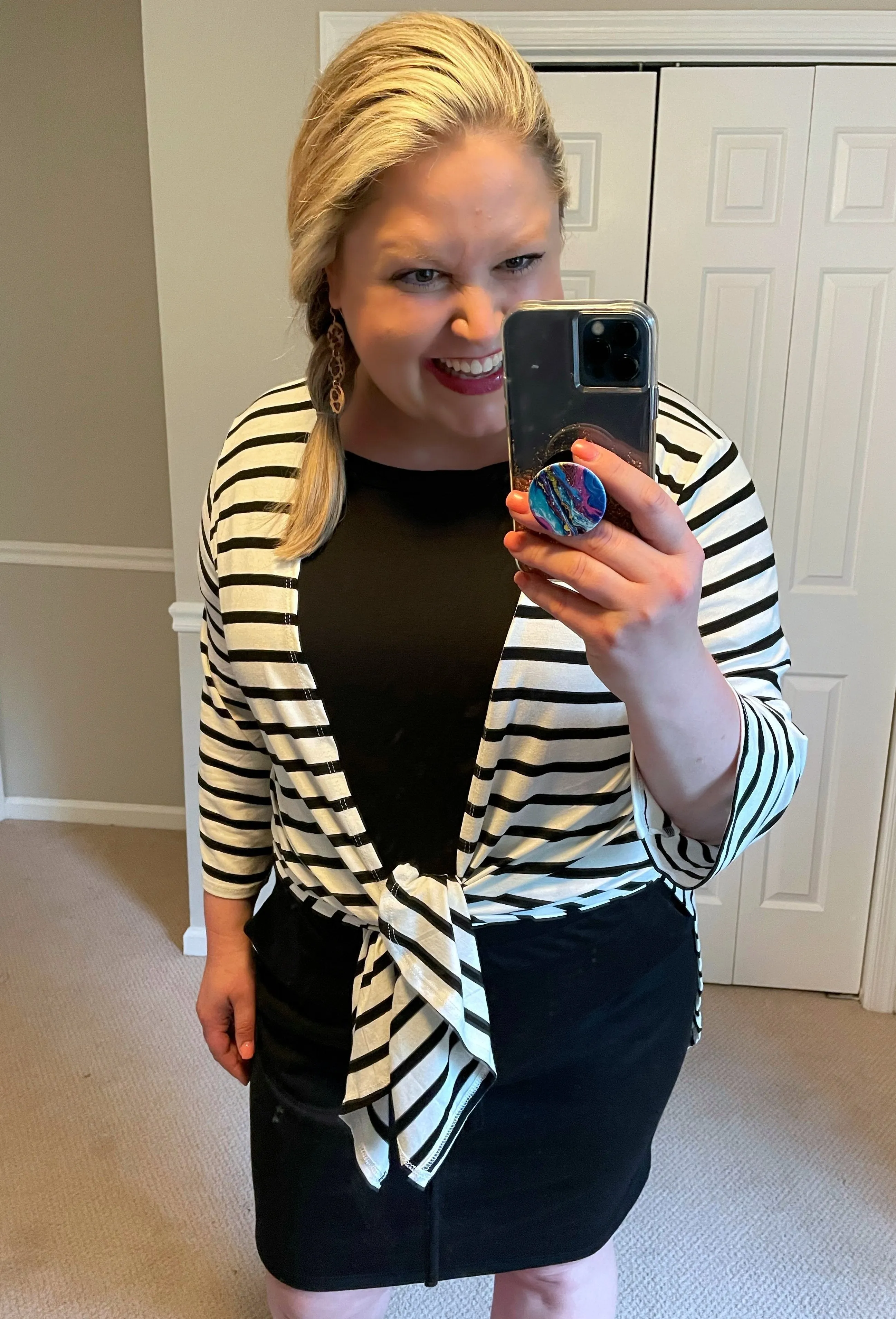 Lightweight White & Black Striped Cardigan with Side Slits