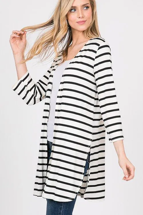Lightweight White & Black Striped Cardigan with Side Slits