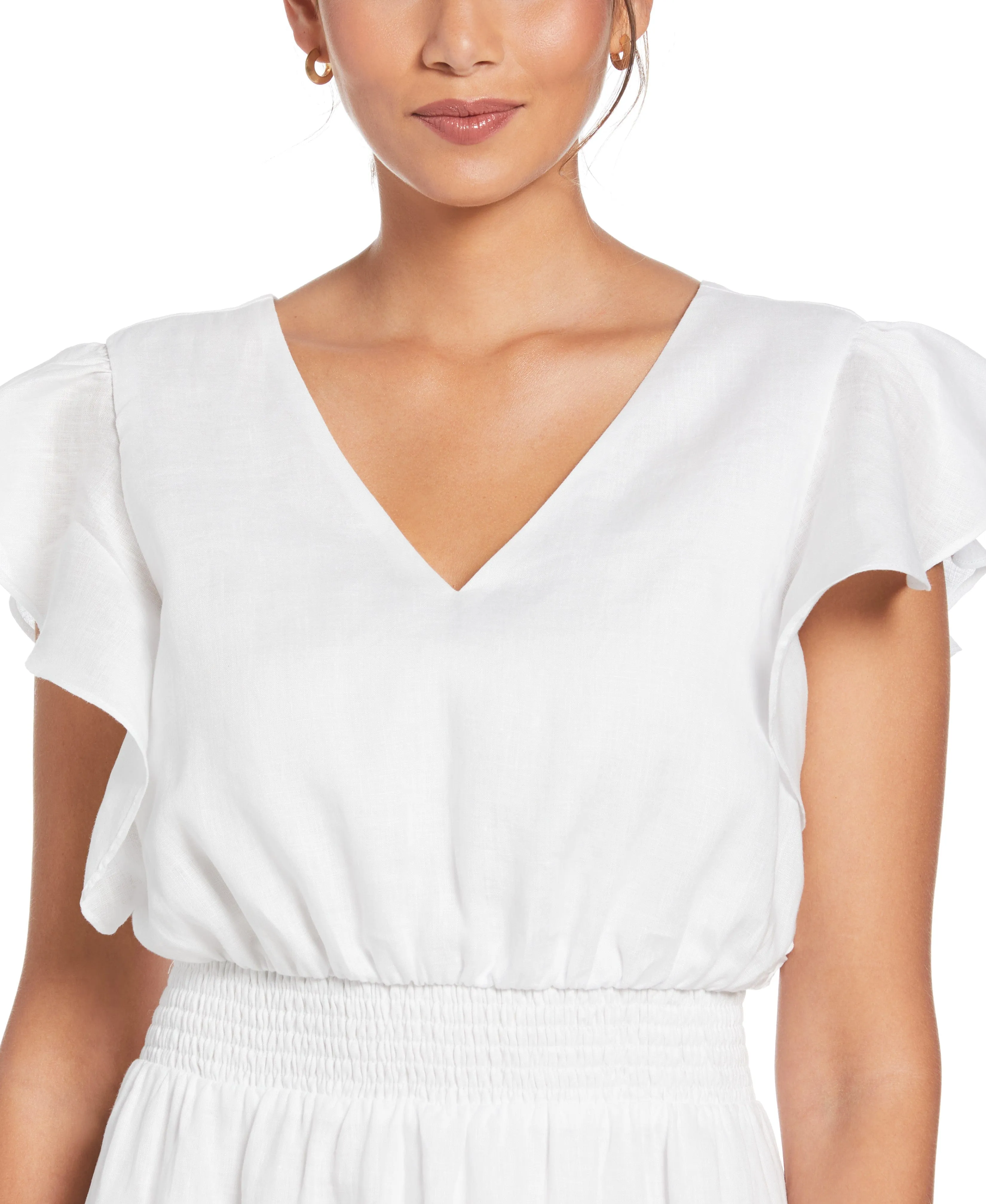 Linen V-Neck Ruffle Sleeve Maxi Dress