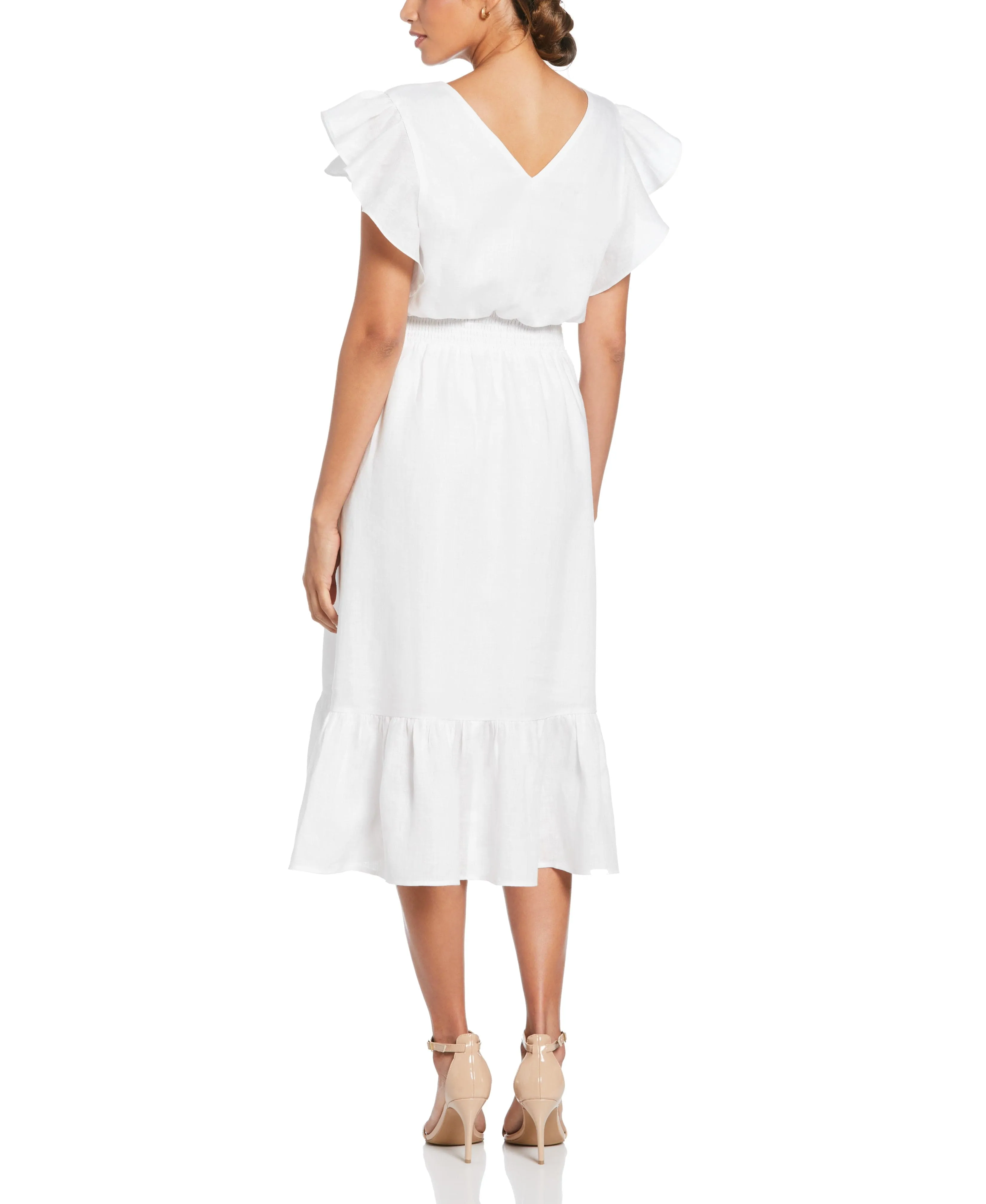 Linen V-Neck Ruffle Sleeve Maxi Dress