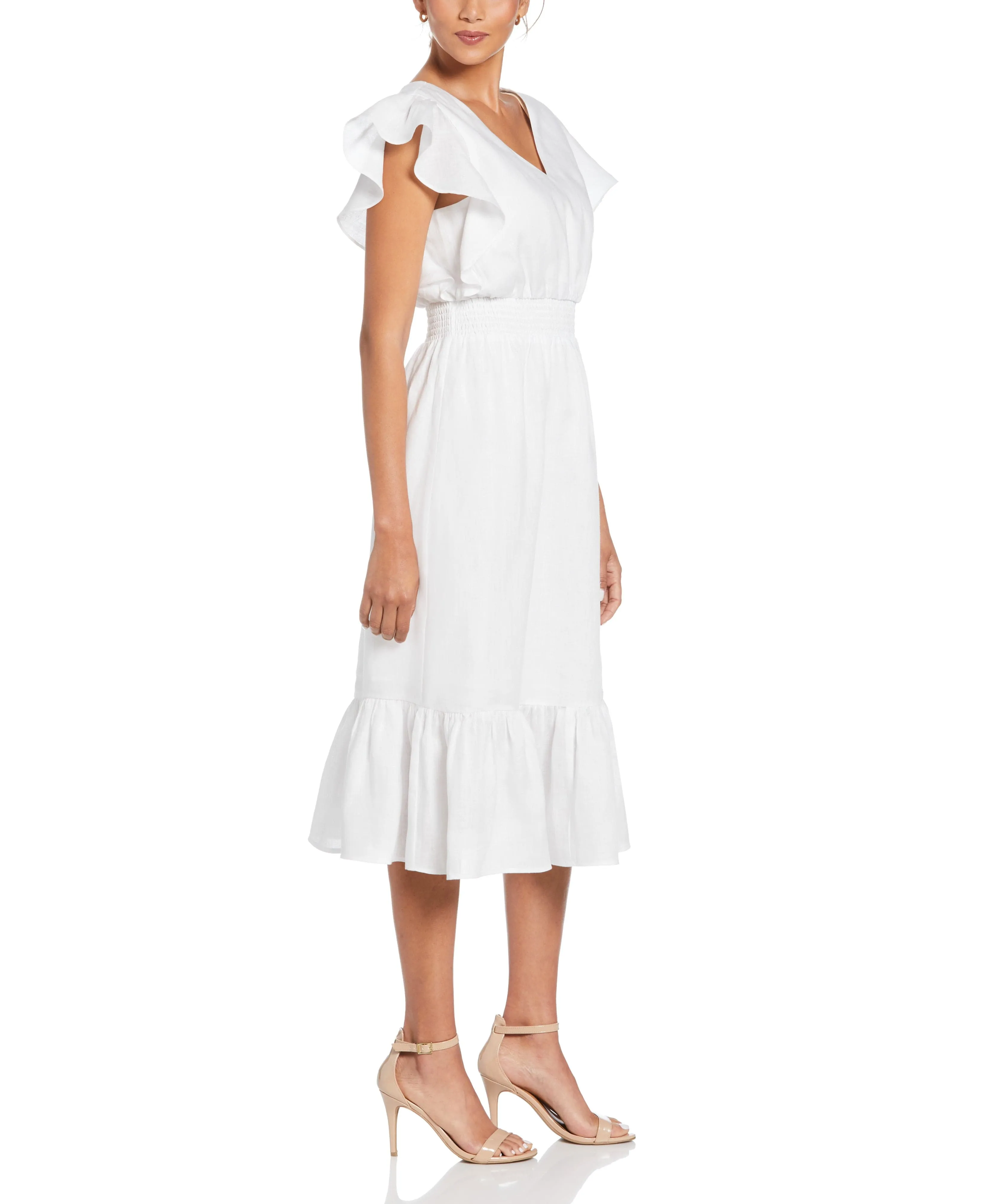 Linen V-Neck Ruffle Sleeve Maxi Dress