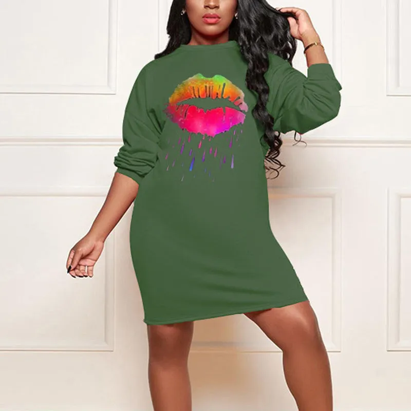 Lips Print Long Sleeve Casual Dress
