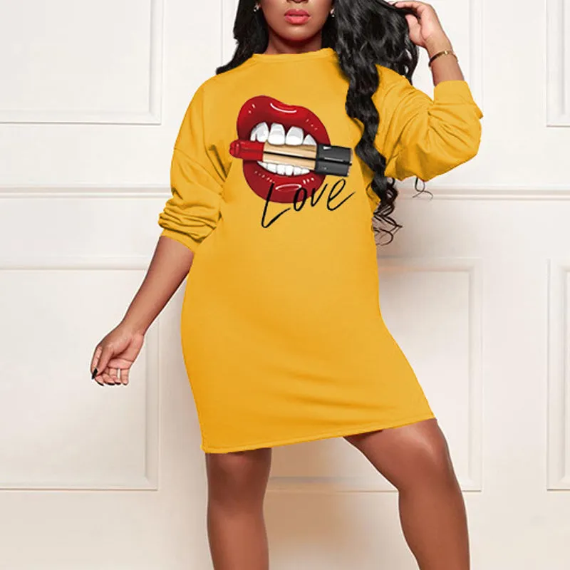 Lips Print Long Sleeve Casual Dress