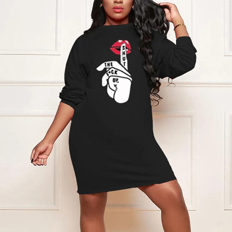 Lips Print Long Sleeve Casual Dress