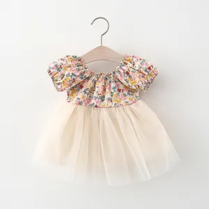 Little Girls Cotton Floral puff sleeves back tie Ivory chiffon lined tutu dress - kids clothing